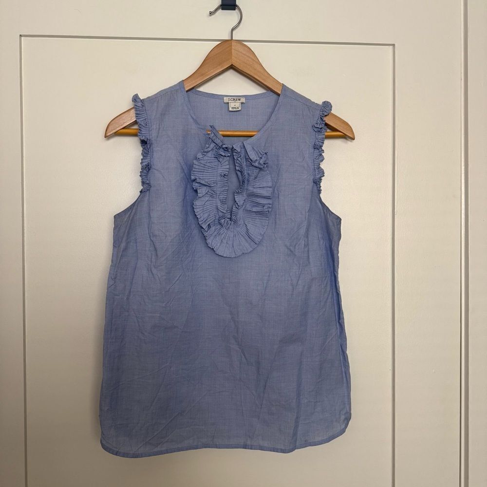 J Crew Tank Top Women Sz 4 Light Blue Ruffle Front Sleeveless Lightweight Cotton